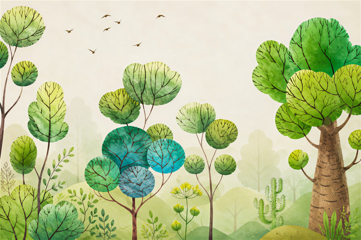 Papier peint arbres aquarelle