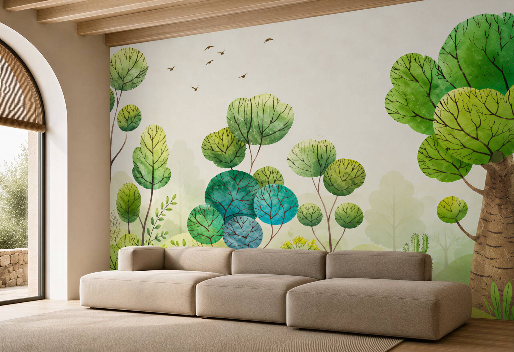 Papier peint arbres aquarelle