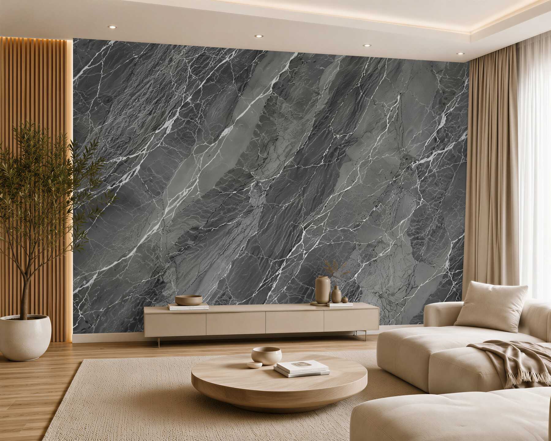 Papier peint marbre gris avec fissures blanches