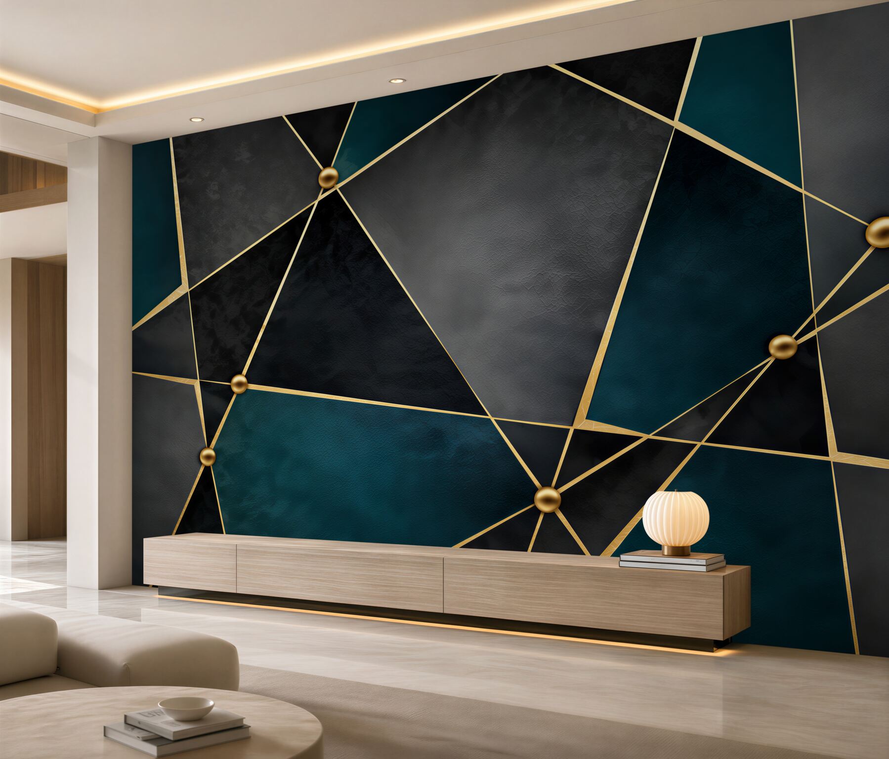Papier peint mosaïque émeraude avec lignes dorées