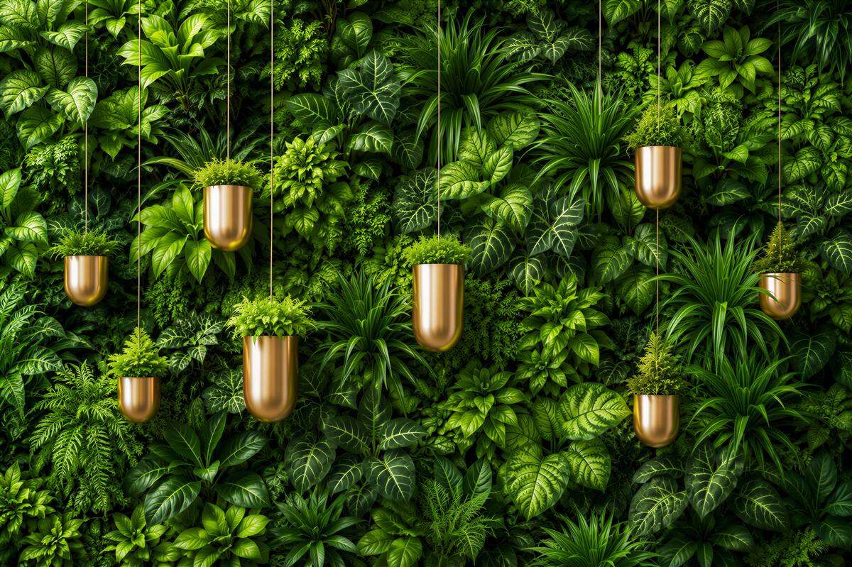 Papier peint couleurs vertes et herbes en pot