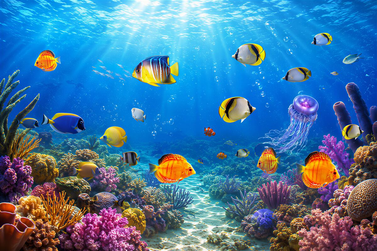 Papier peint poissons brillants dans l'eau bleue