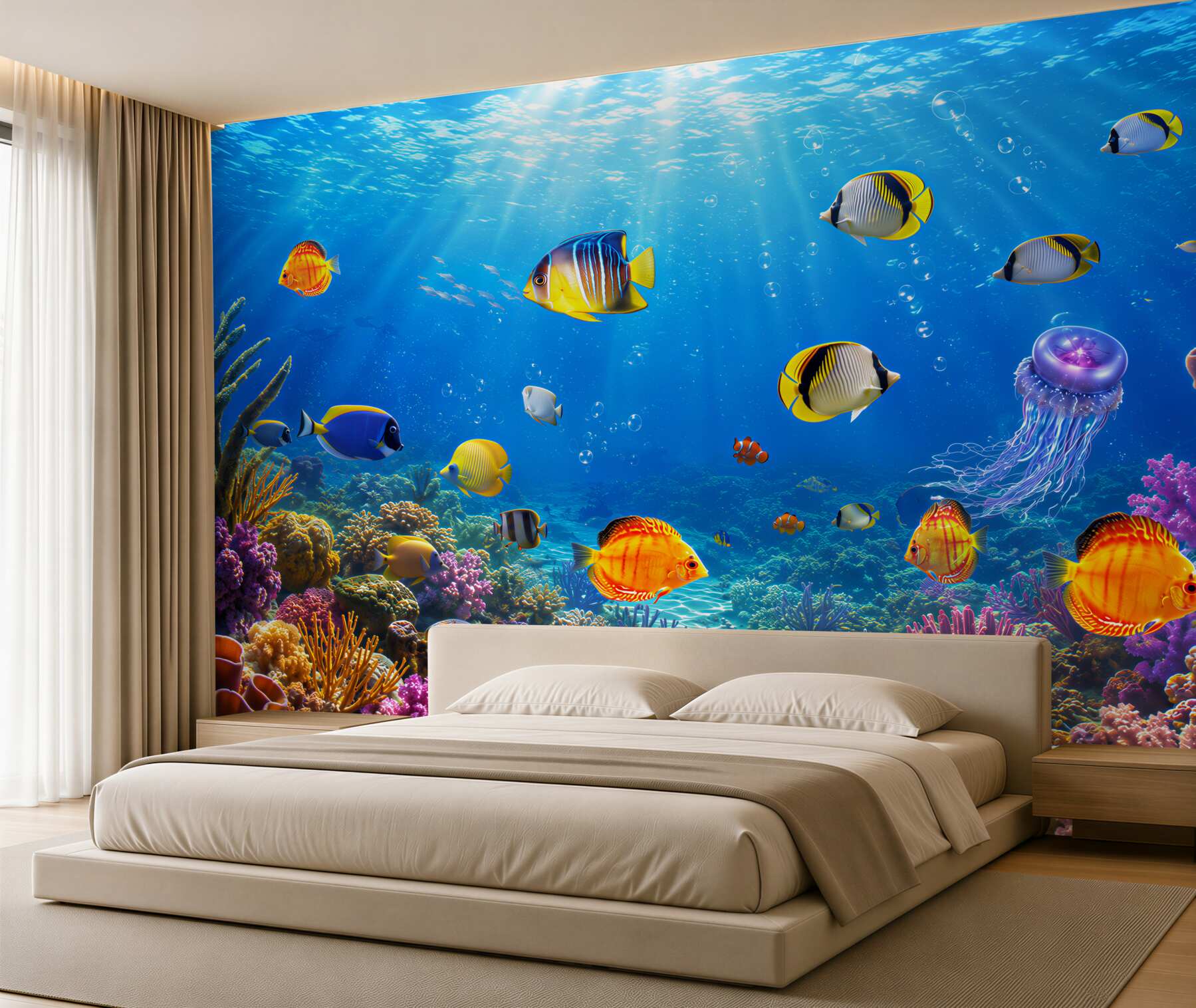 Papier peint poissons brillants dans l'eau bleue