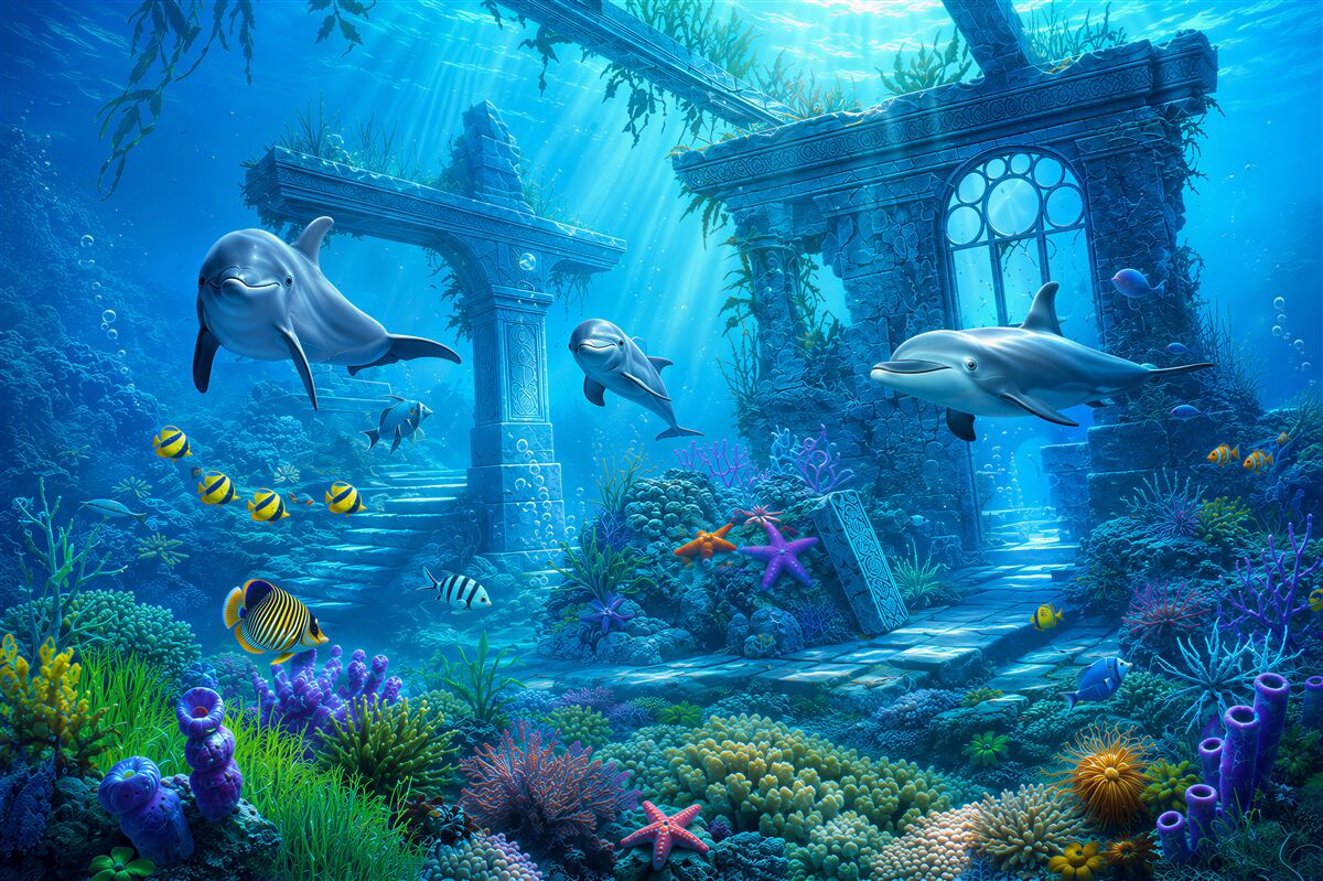 Papier peint dauphins au fond de la mer