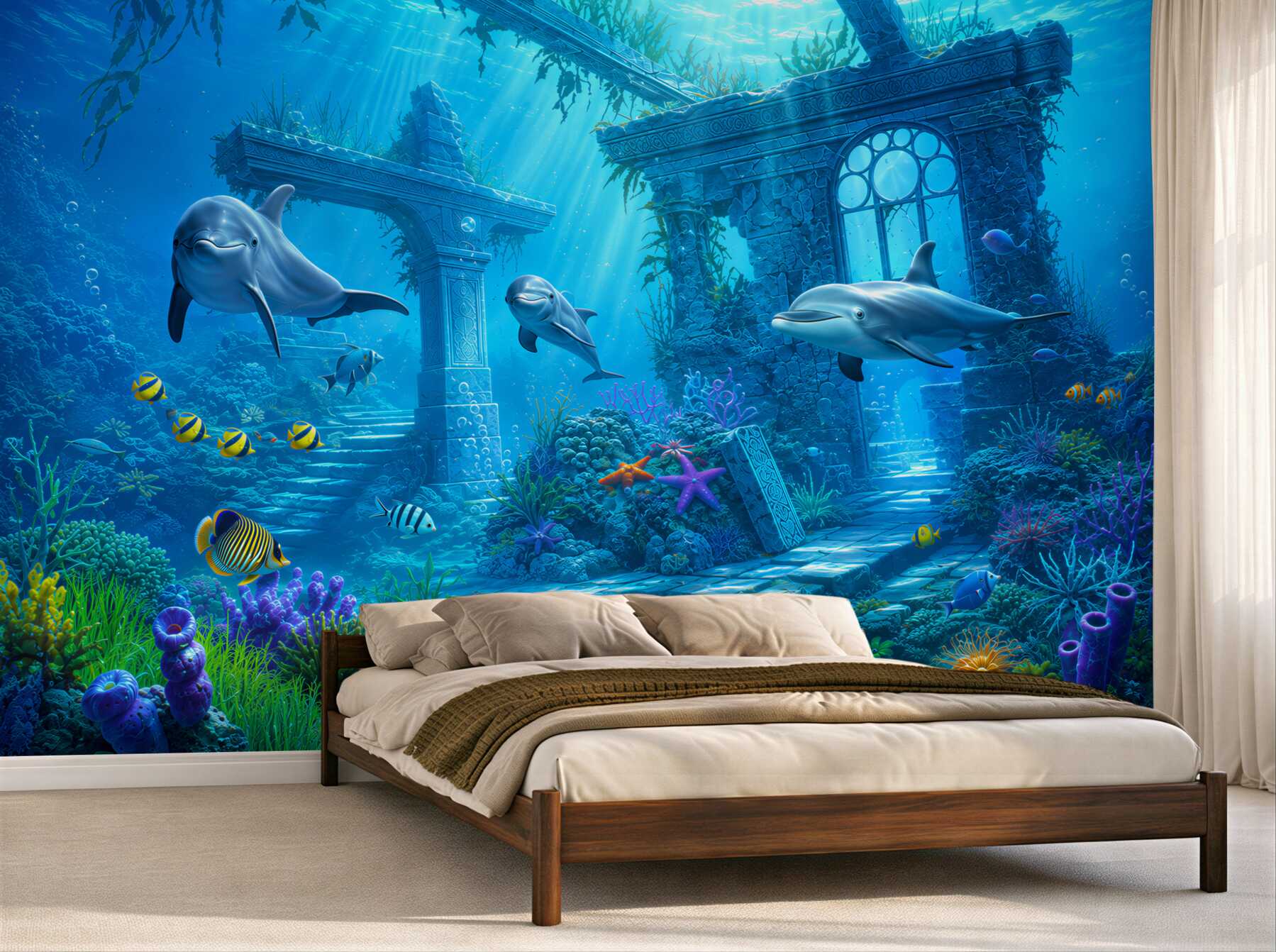 Papier peint dauphins au fond de la mer