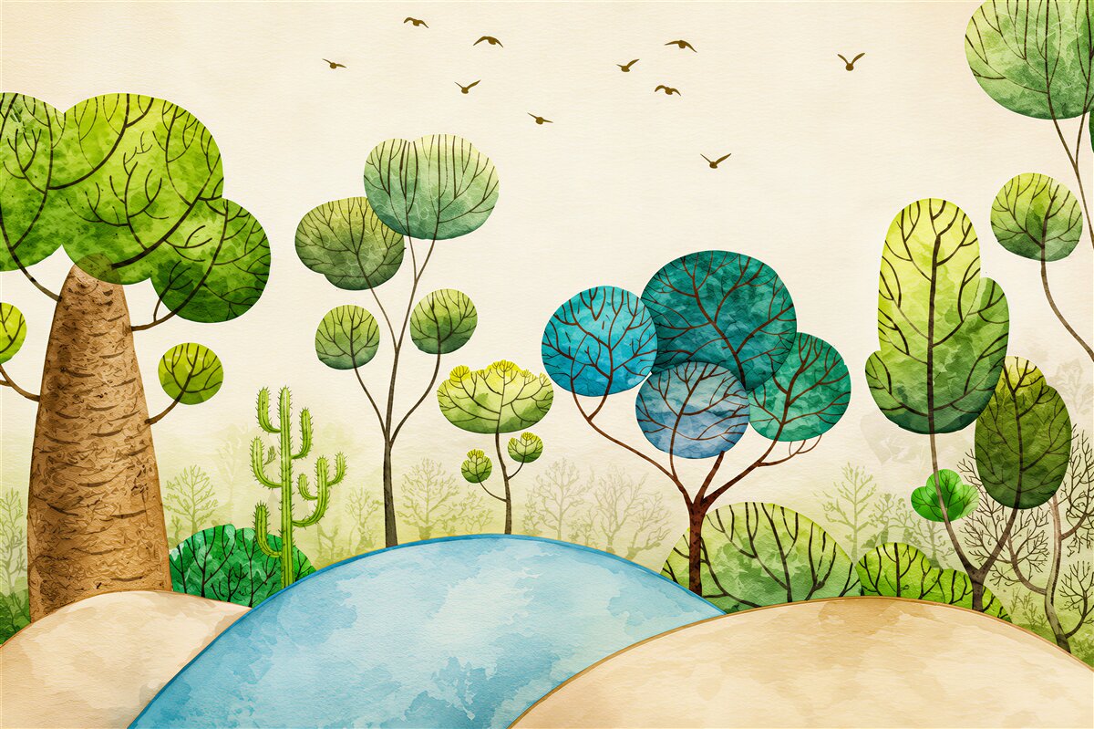 Papier peint forêt féerique avec des oiseaux