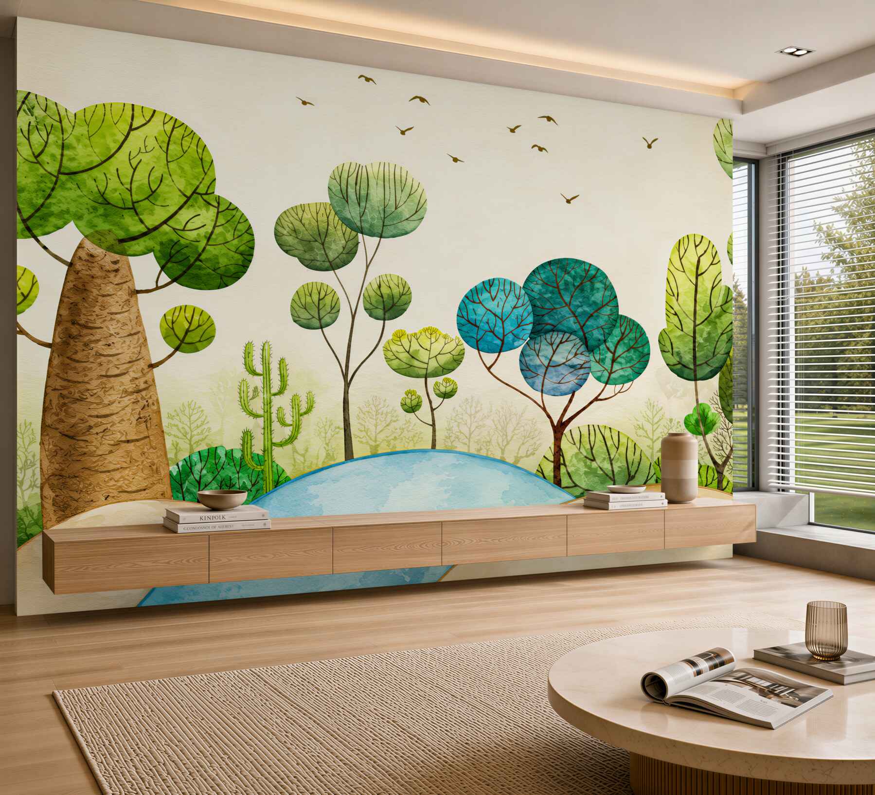 Papier peint forêt féerique avec des oiseaux