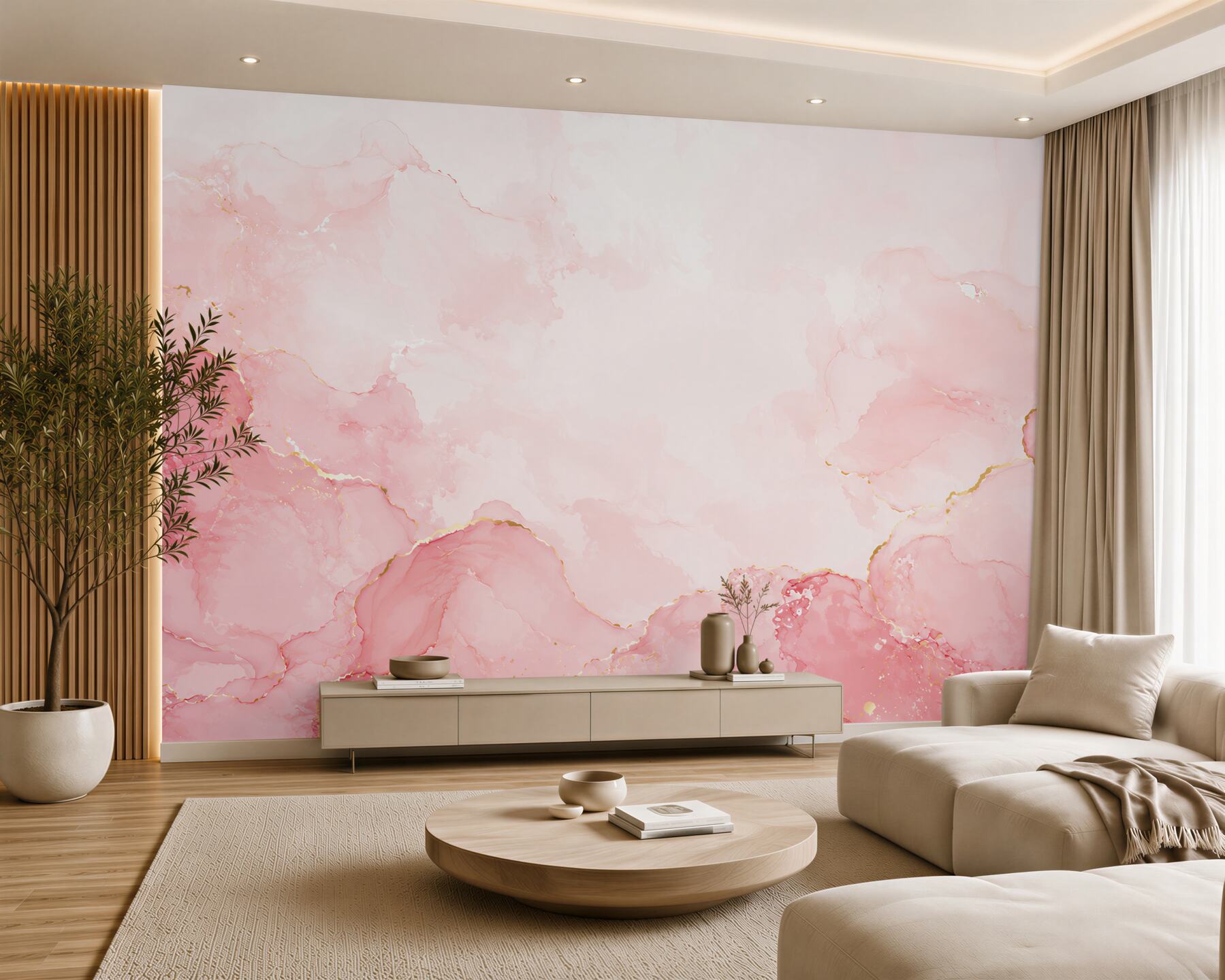 Papier peint marbre rose avec accents dorés