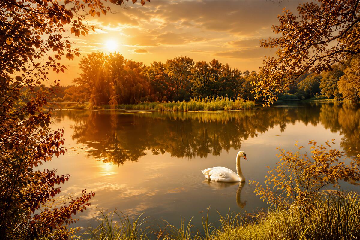 Papier peint rayons de soleil au-dessus d'un lac avec un cygne