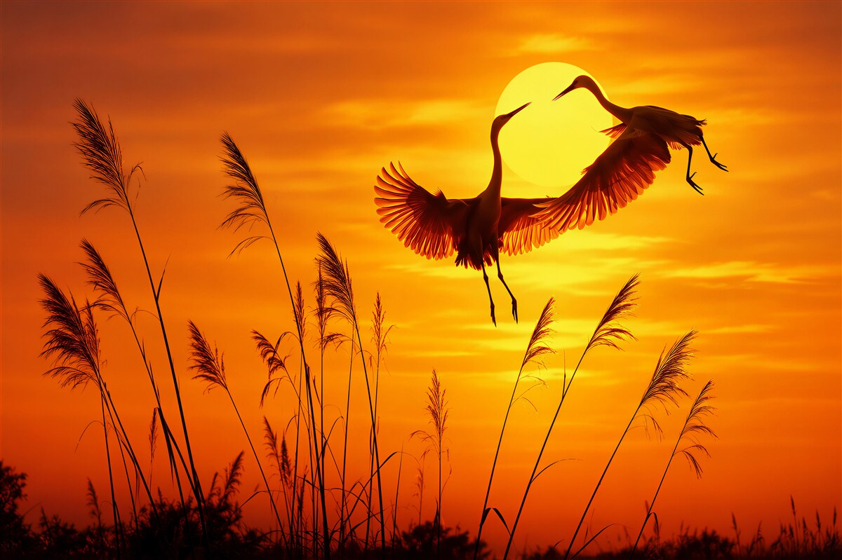 Papier peint grues observant le coucher de soleil