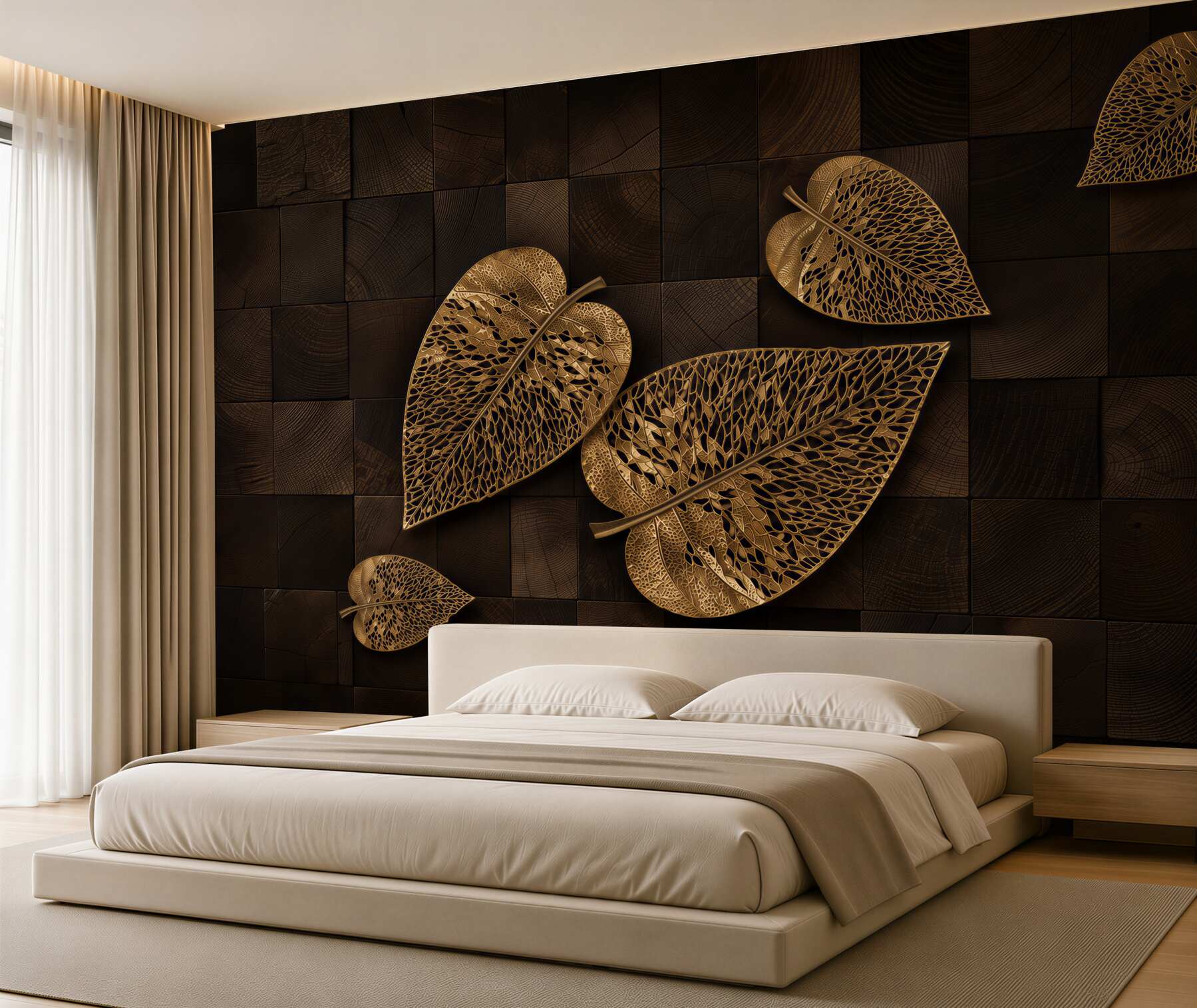 Papier peint feuilles métalliques en bronze