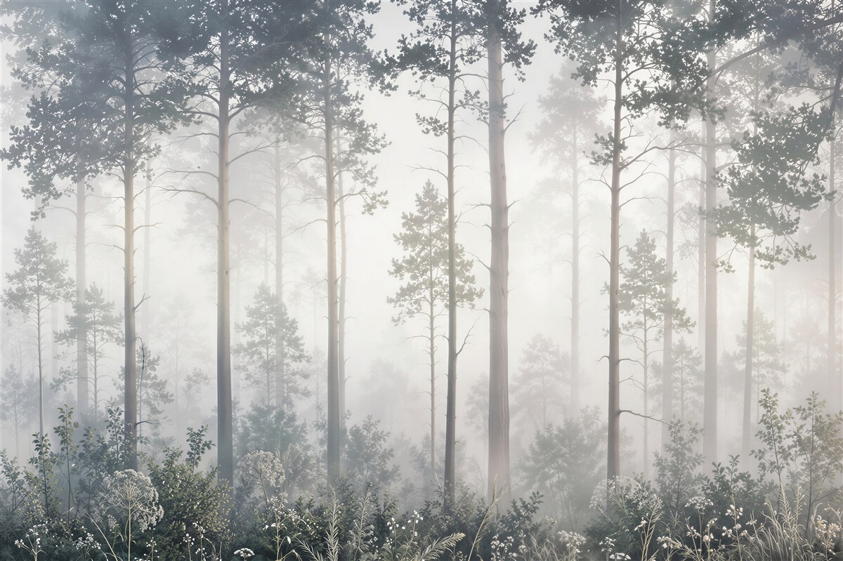 Papier peint brume impénétrable dans la forêt