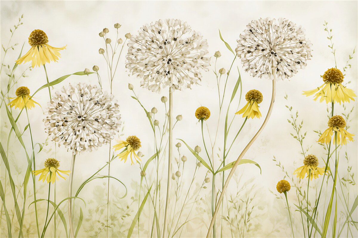 Papier peint pissenlits et fleurs jaunes