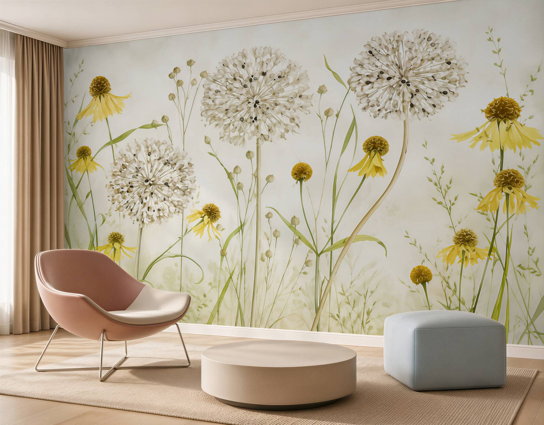 Papier peint pissenlits et fleurs jaunes
