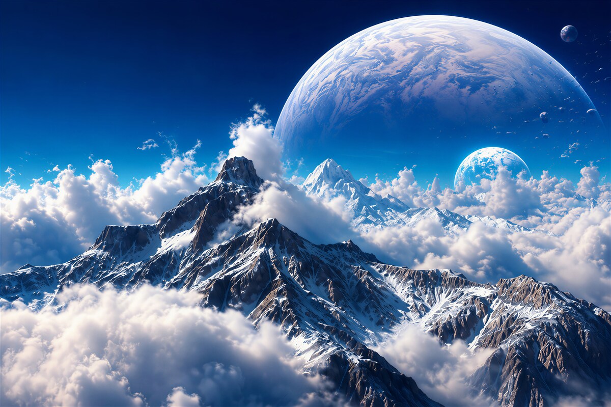 Papier peint ciel cosmique au-dessus des montagnes dans les nuages