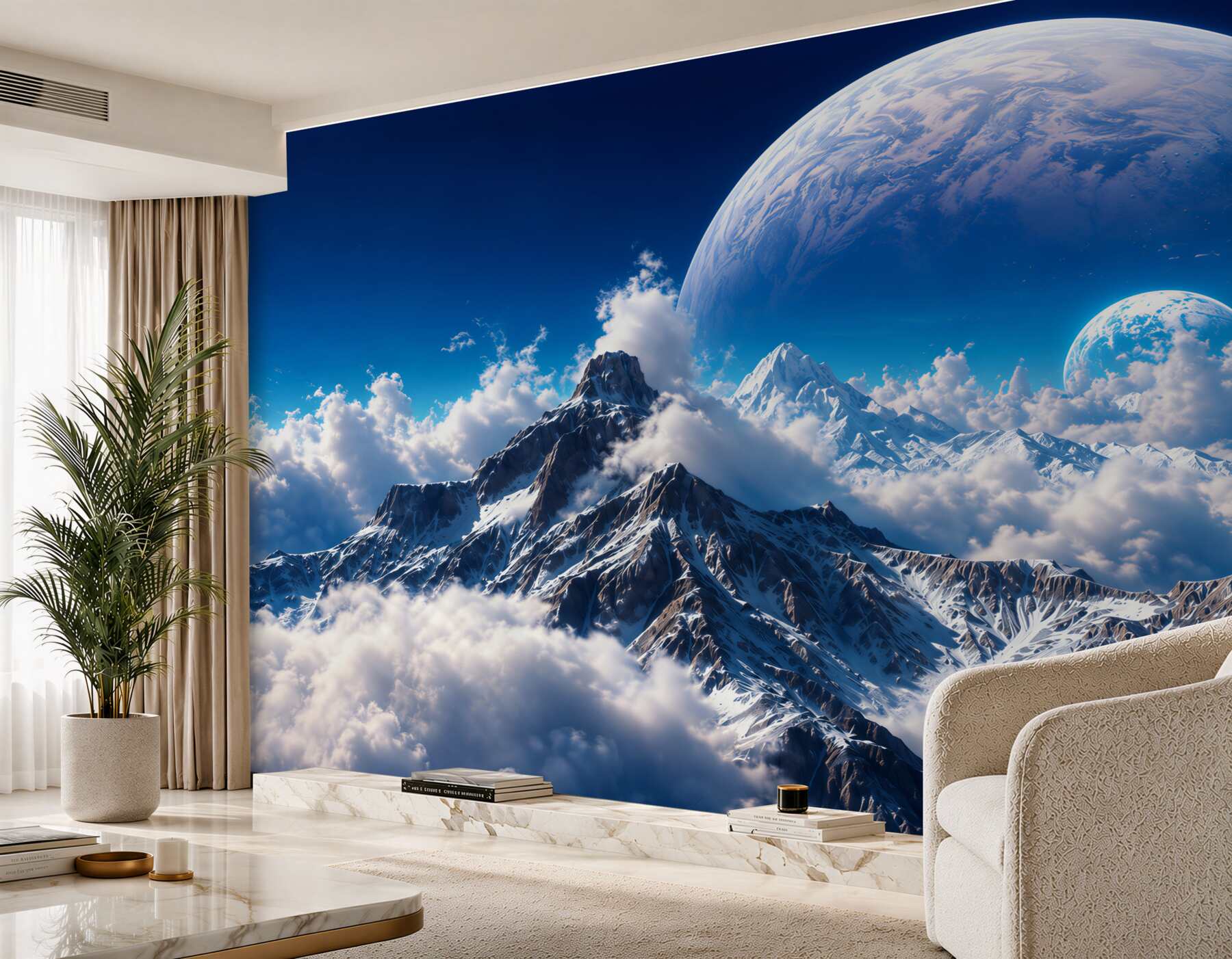 Papier peint ciel cosmique au-dessus des montagnes dans les nuages