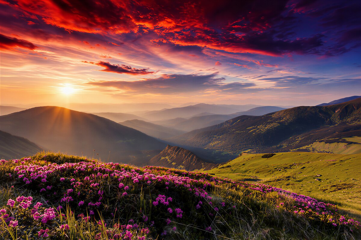 Papier peint fleurs lumineuses sur les collines montagneuses à l'aube