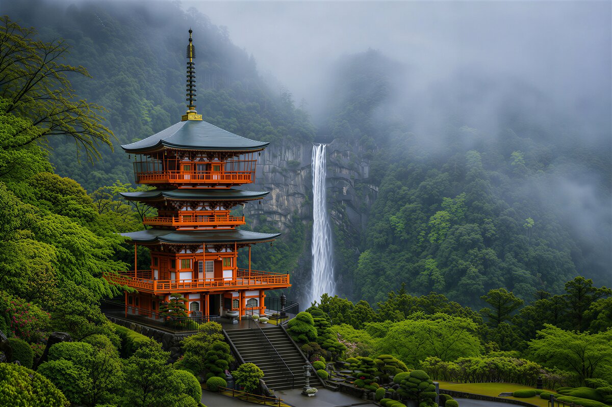 Papier peint cascade dans une pagode japonaise