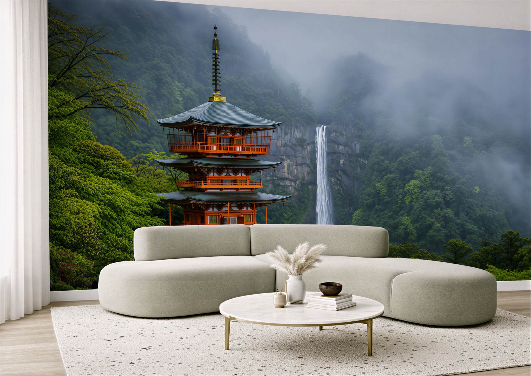Papier peint cascade dans une pagode japonaise