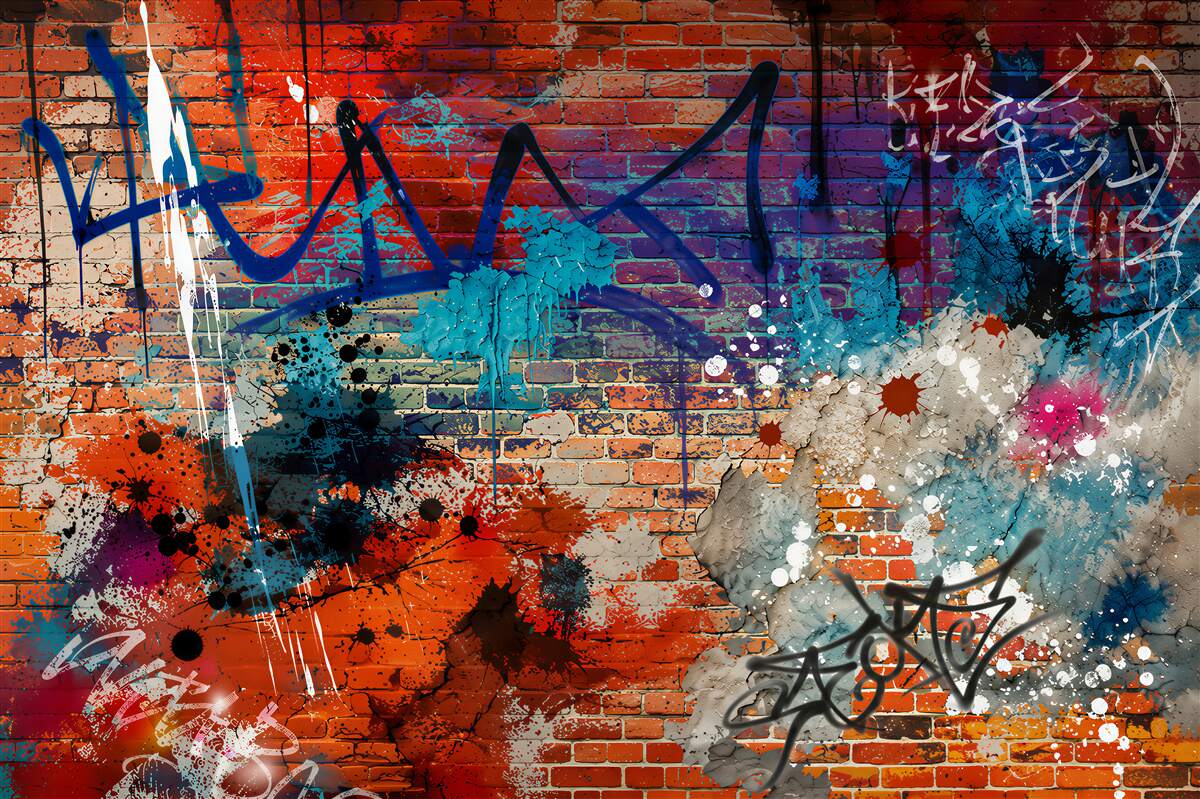 Papier peint graffiti multicolore sur brique rouge