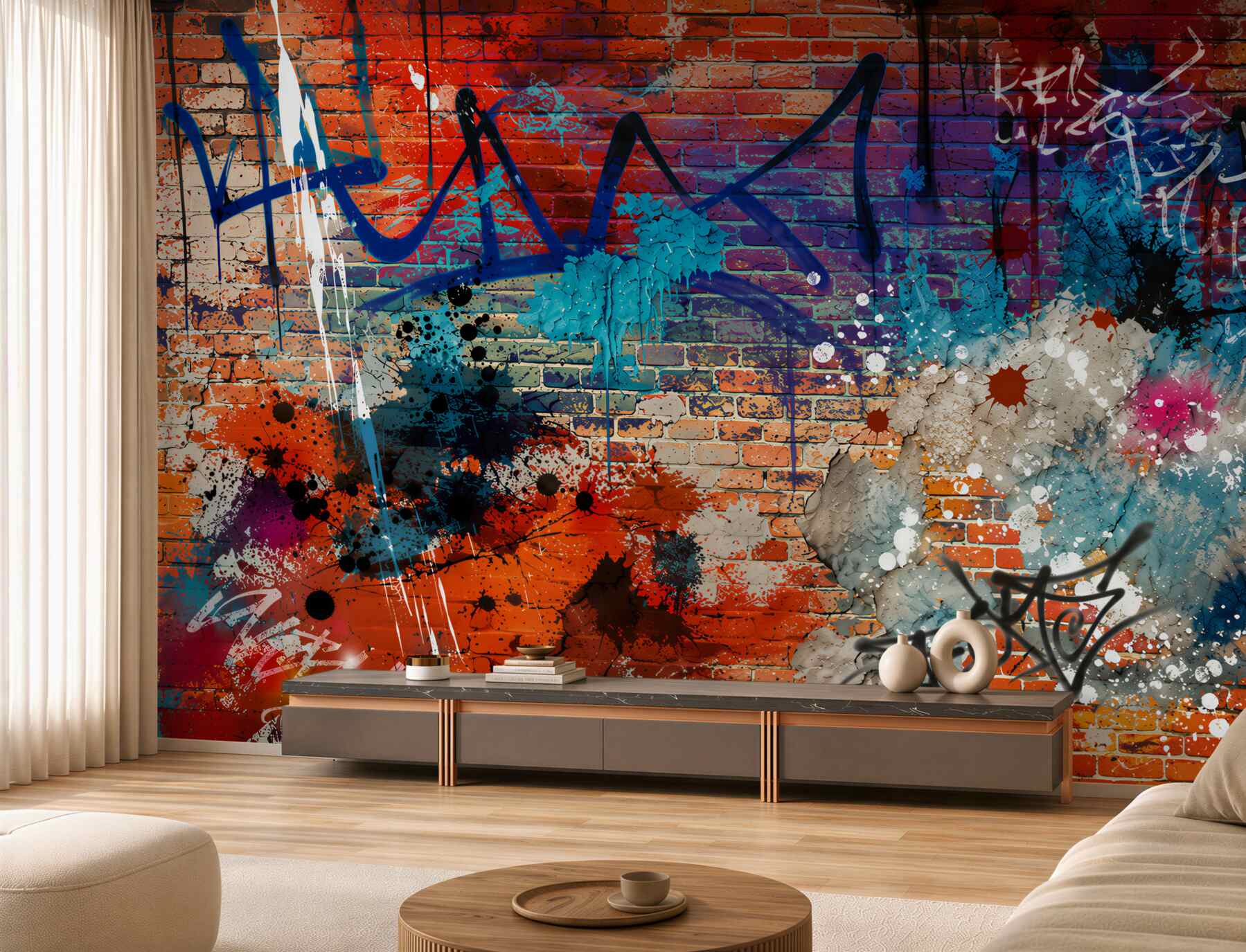 Papier peint graffiti multicolore sur brique rouge