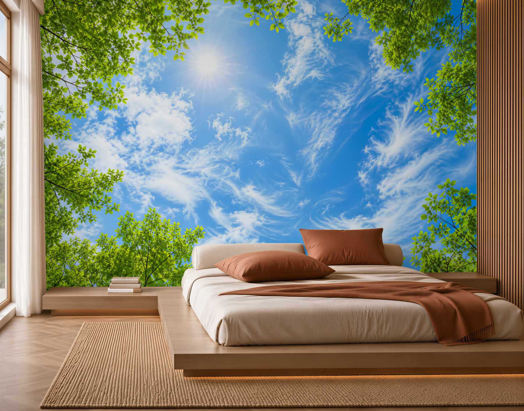 Papier peint ciel bleu et soleil entouré de verdure