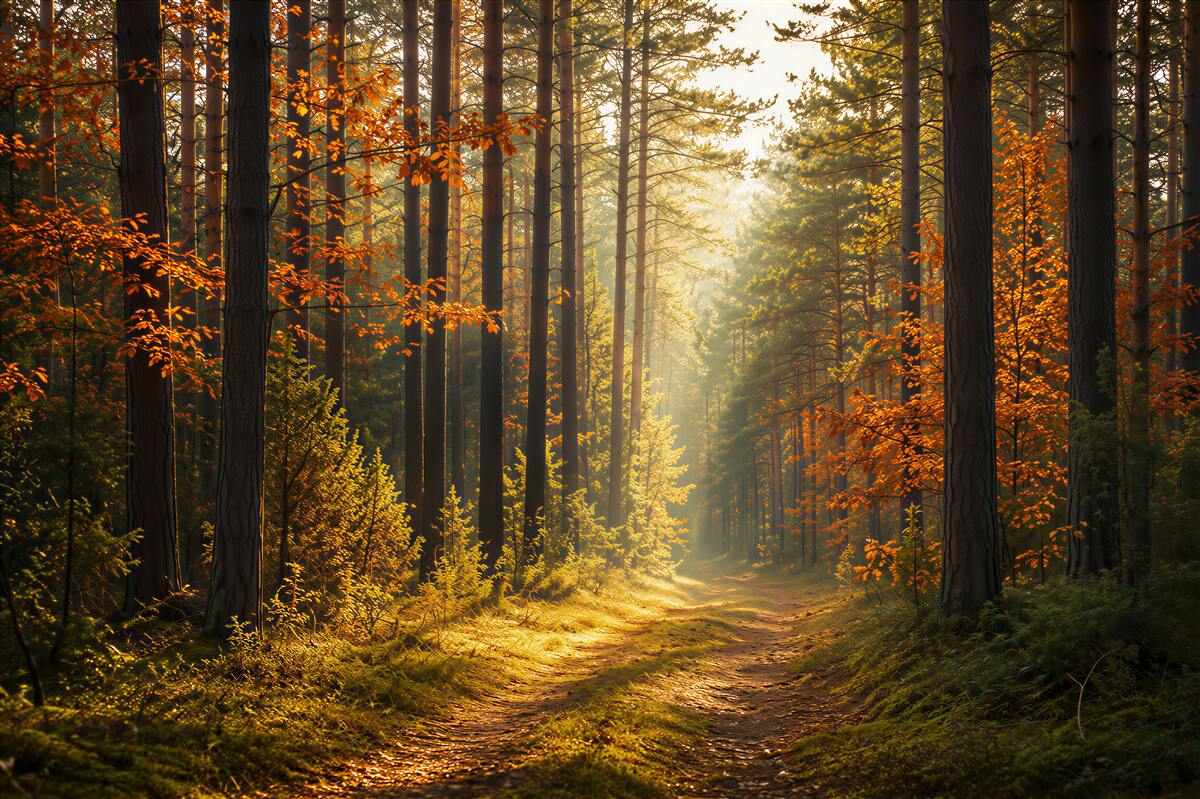 Papier peint soleil dans la forêt d'automne