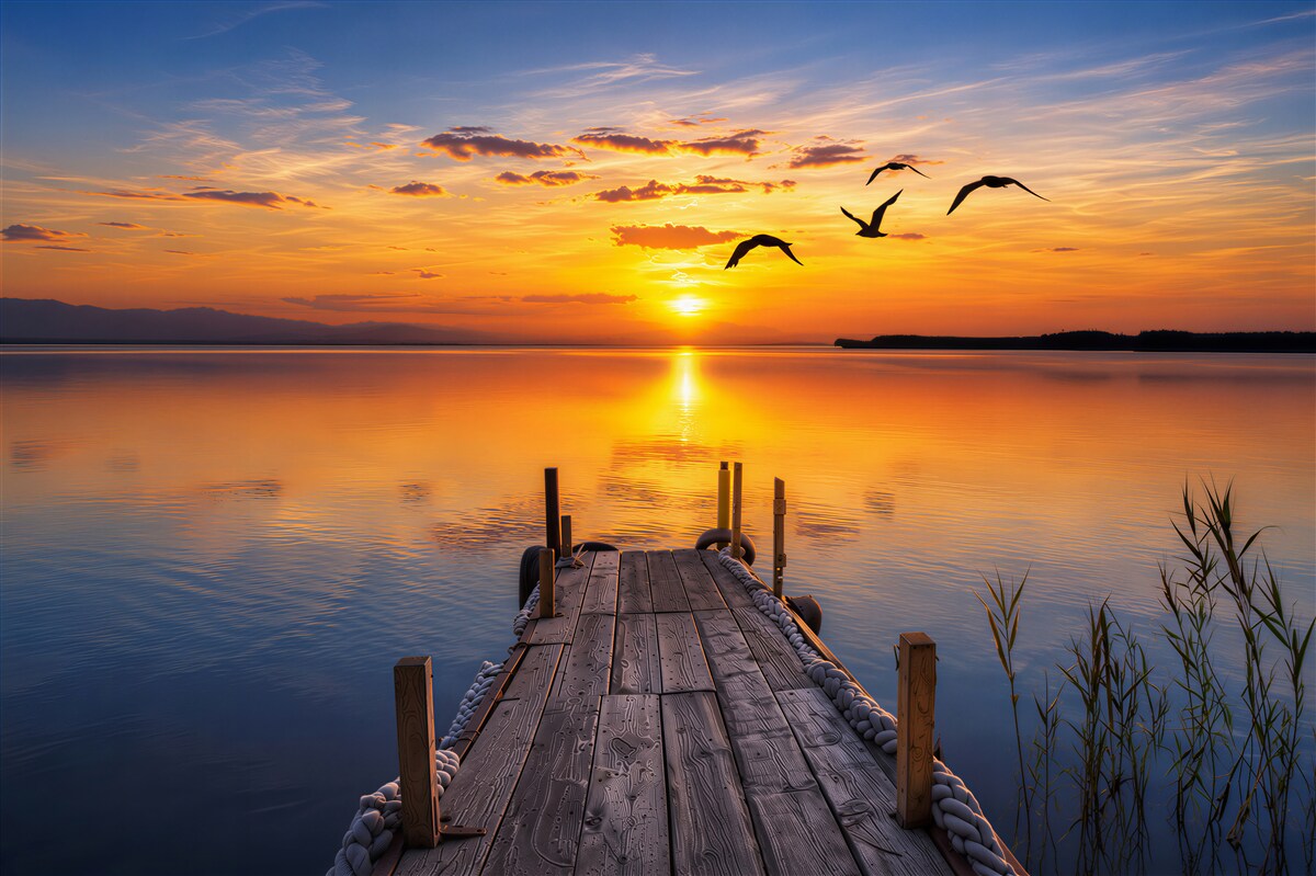 Papier peint coucher de soleil chaud sur un pont avec des mouettes