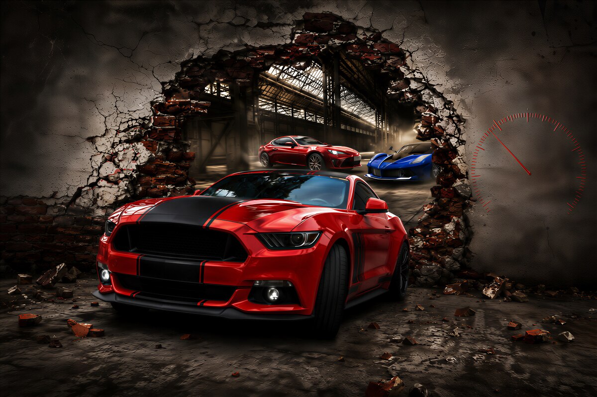 Papier peint voiture rouge sur le mur