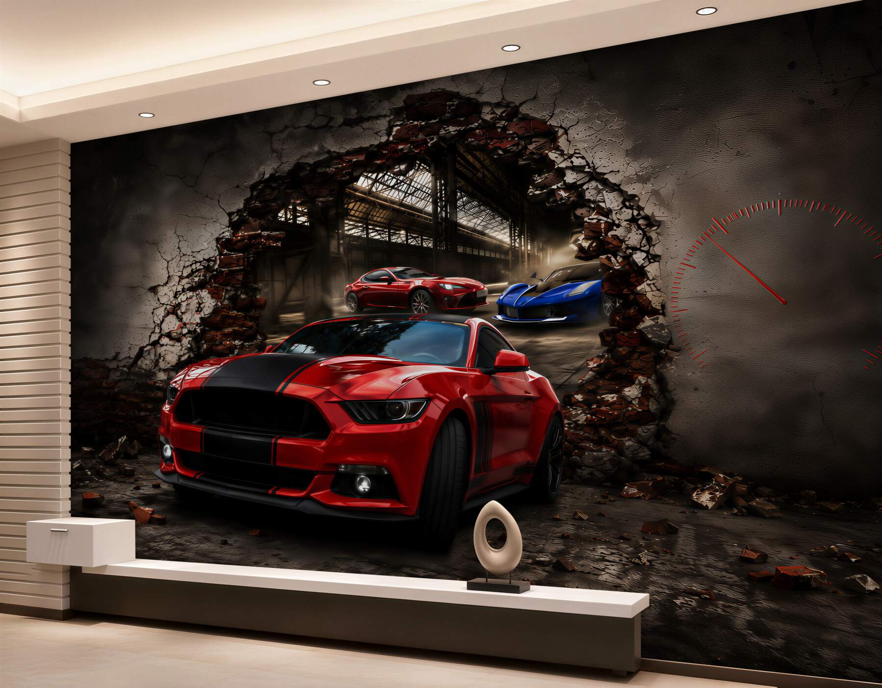 Papier peint voiture rouge sur le mur
