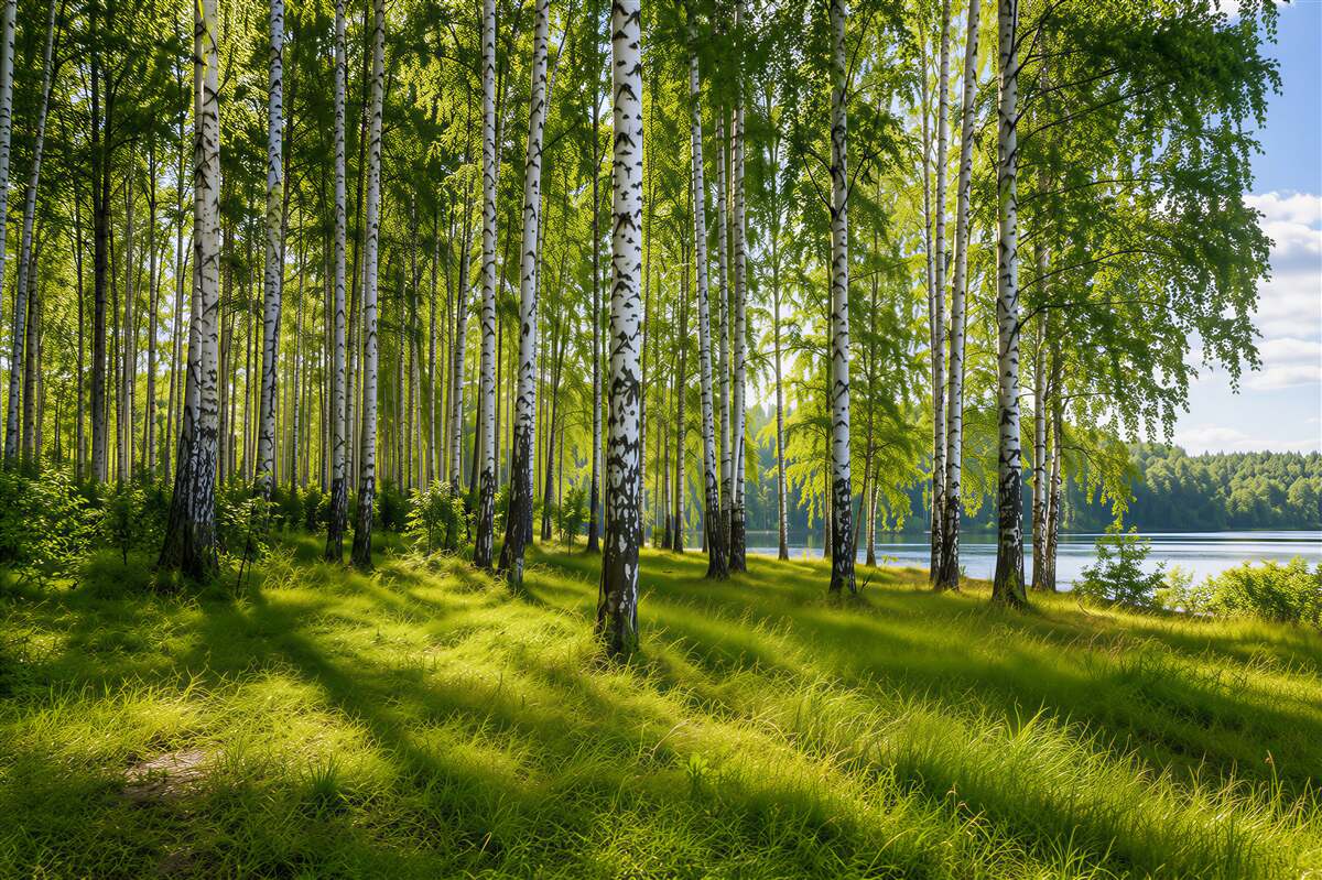 Papier peint aube dans un bosquet de bouleaux verts
