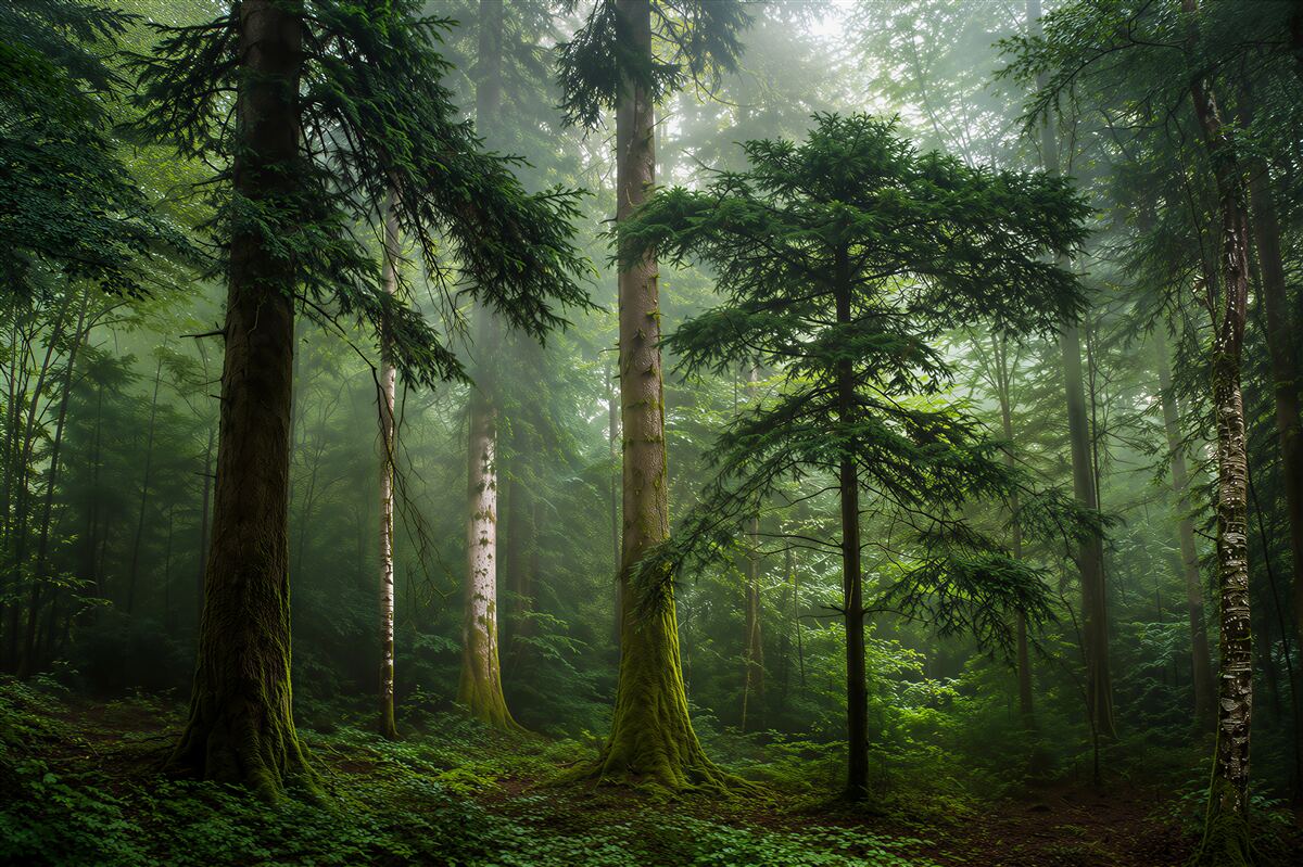 Papier peint épaisse brume dans une ancienne forêt de conifères