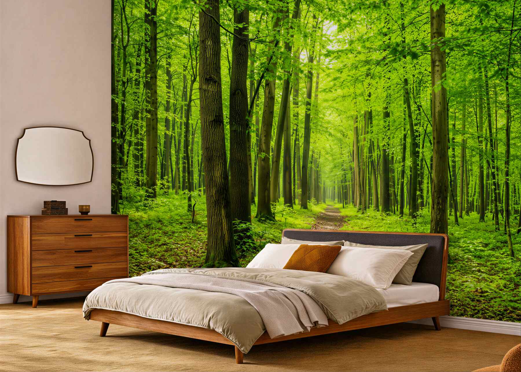 Papier peint chemin confortable à travers une forêt feuillue élancée