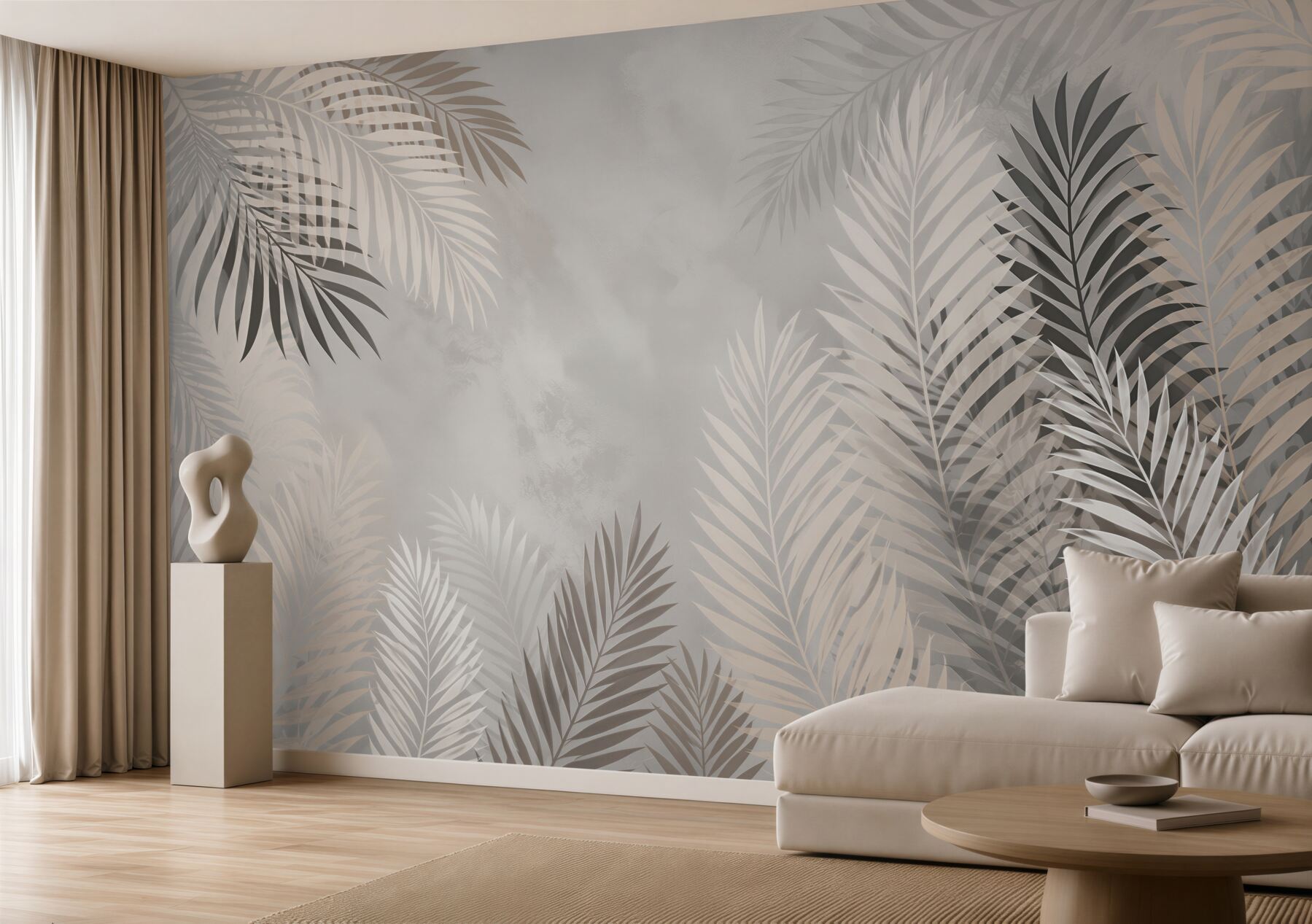Papier peint feuilles tropicales en noir et blanc