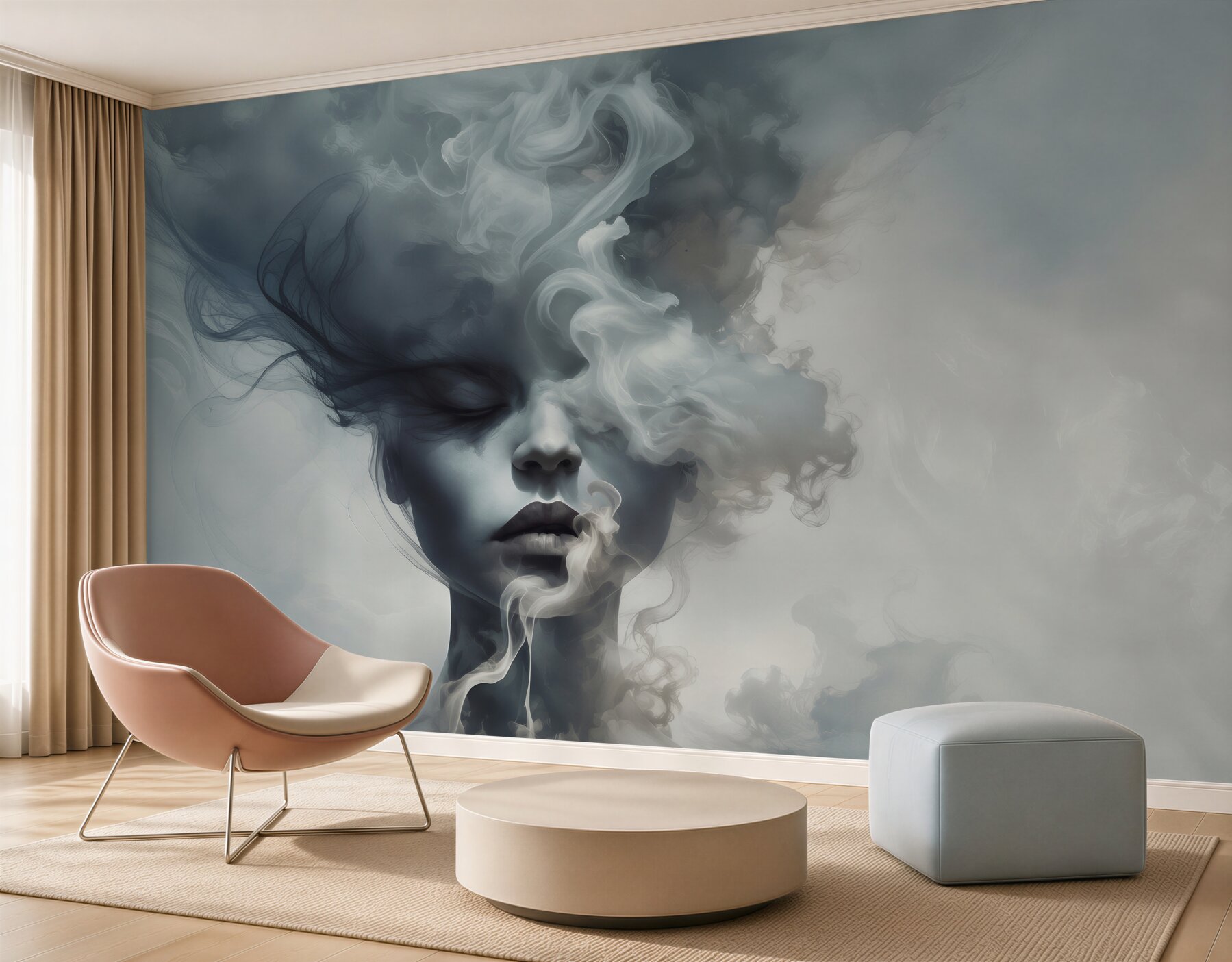 Papier peint fille dans la brume grise