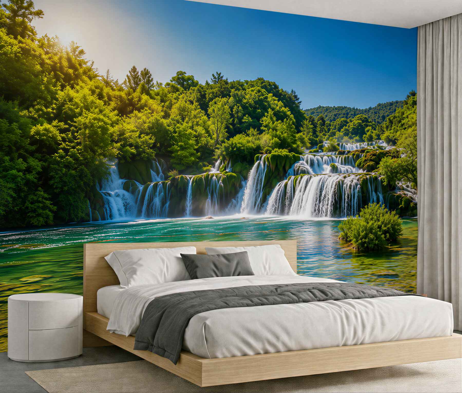 Papier peint eaux rugissantes d'une cascade bouillonnante au coucher du soleil