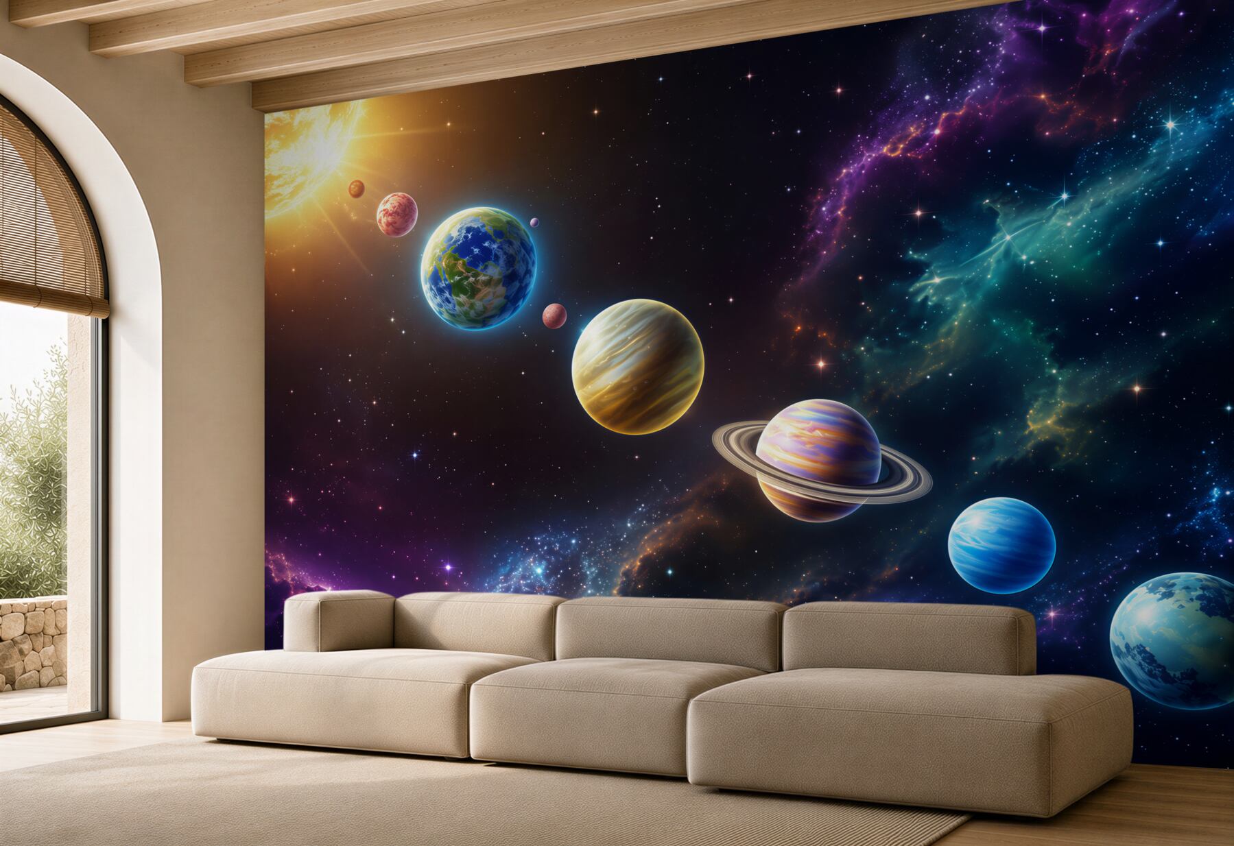 Papier peint planètes dans l'espace sur une seule ligne