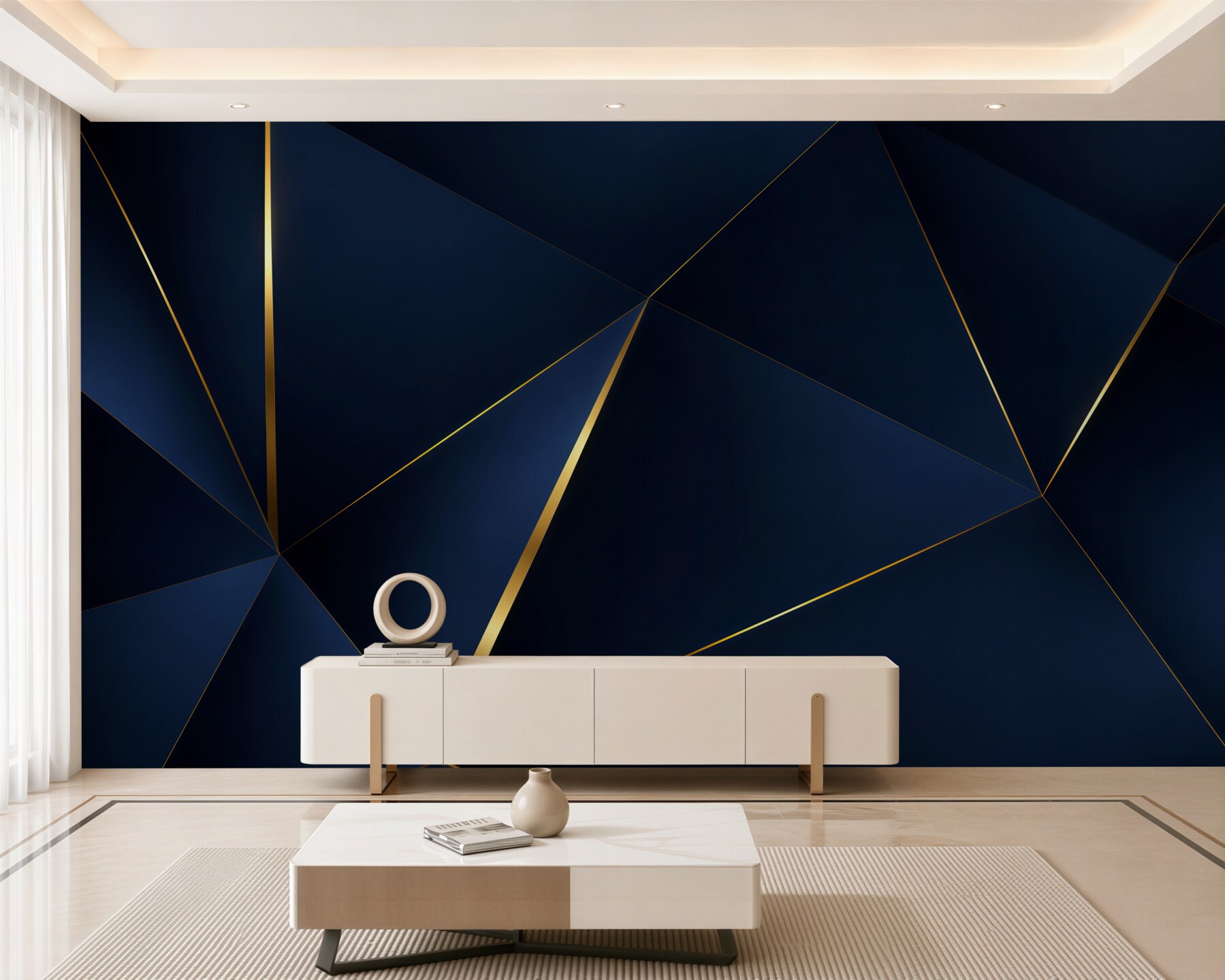 Papier peint triangles bleu foncé avec des bords dorés