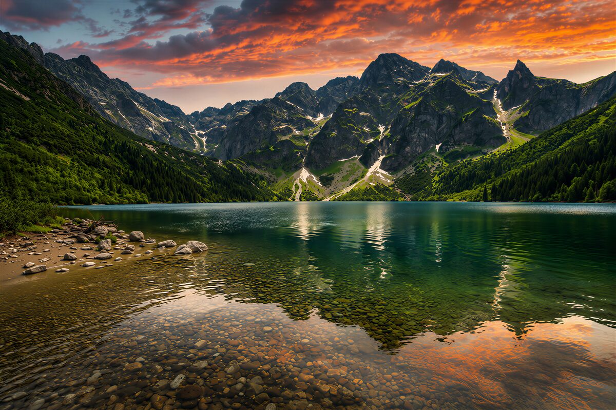 Papier peint coucher de soleil chaud et calme avec un lac de montagne