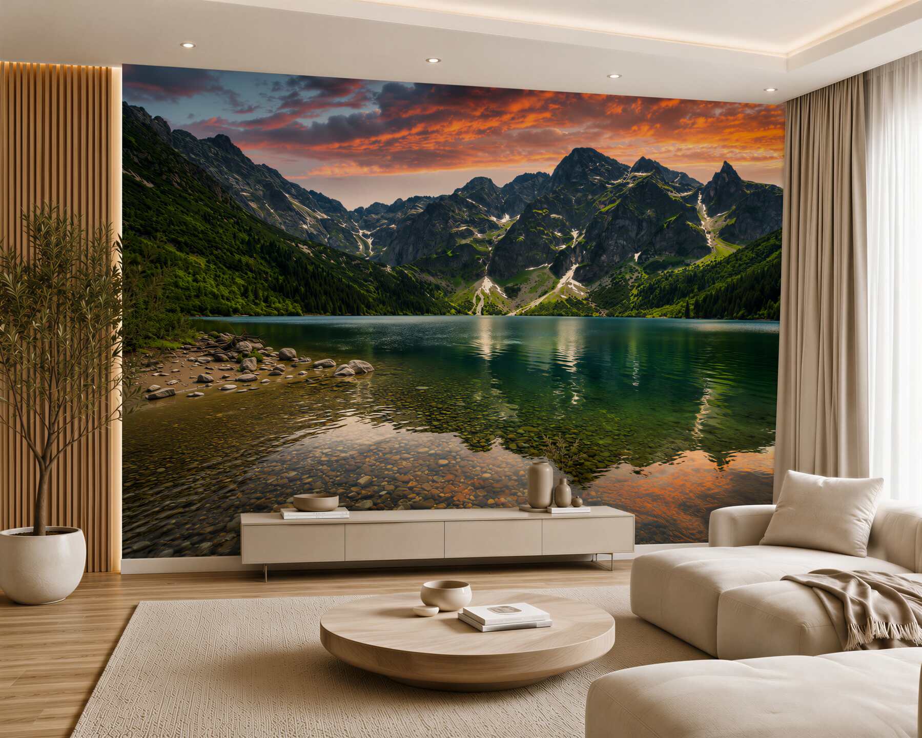 Papier peint coucher de soleil chaud et calme avec un lac de montagne