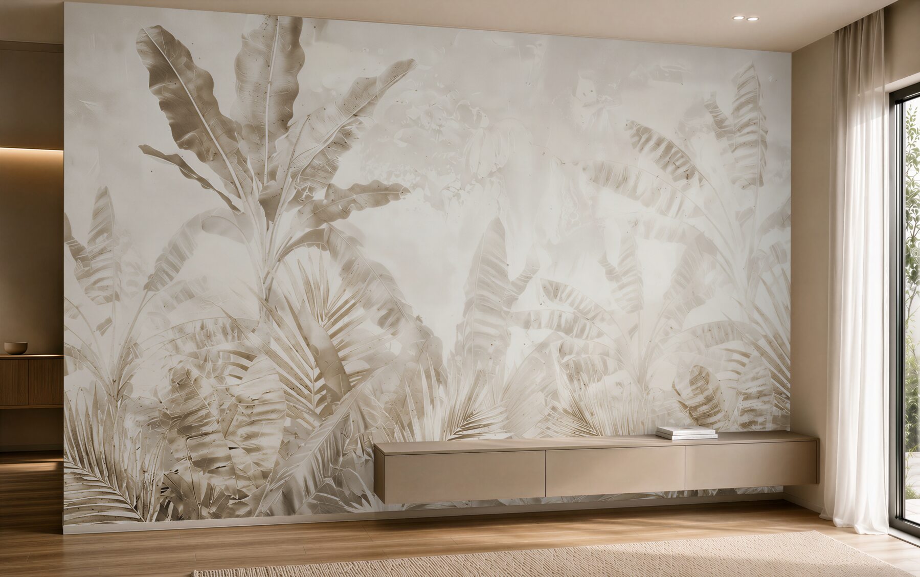 Papier peint feuilles d'arbres tropicaux dans le brouillard