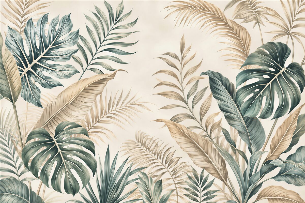 Papier peint feuilles vertes et dorées de jungle