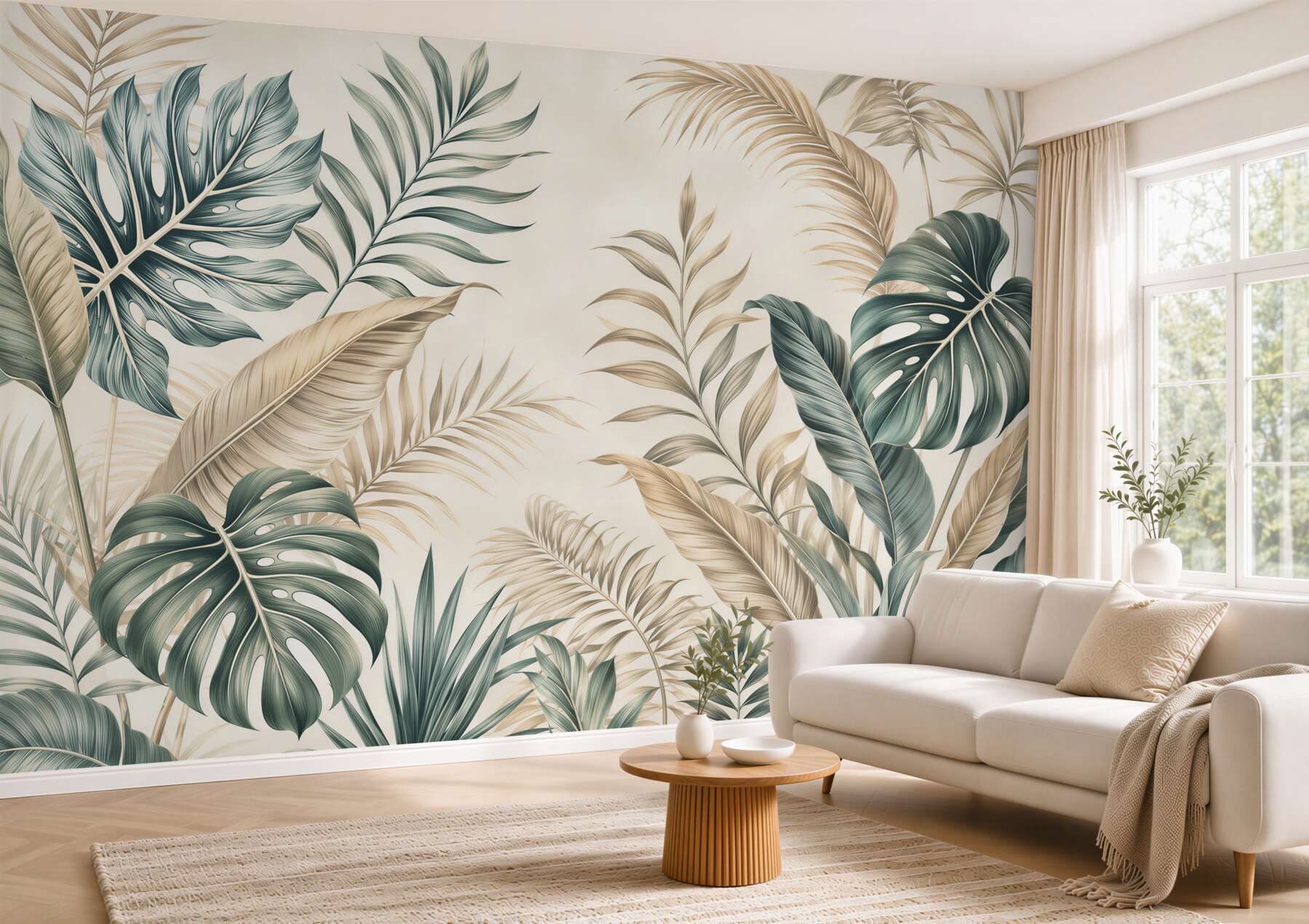 Papier peint feuilles vertes et dorées de jungle