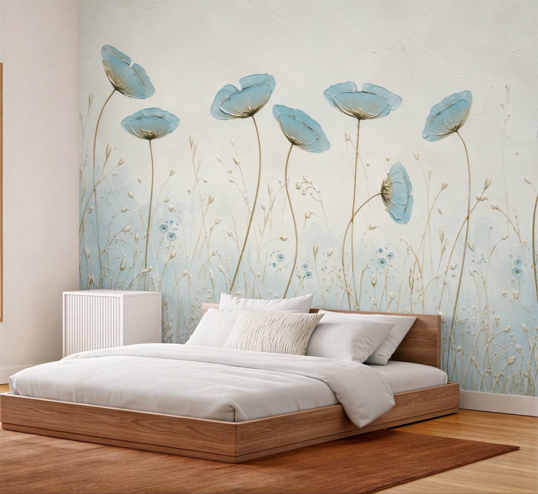 Papier peint coquelicots bleus élancés