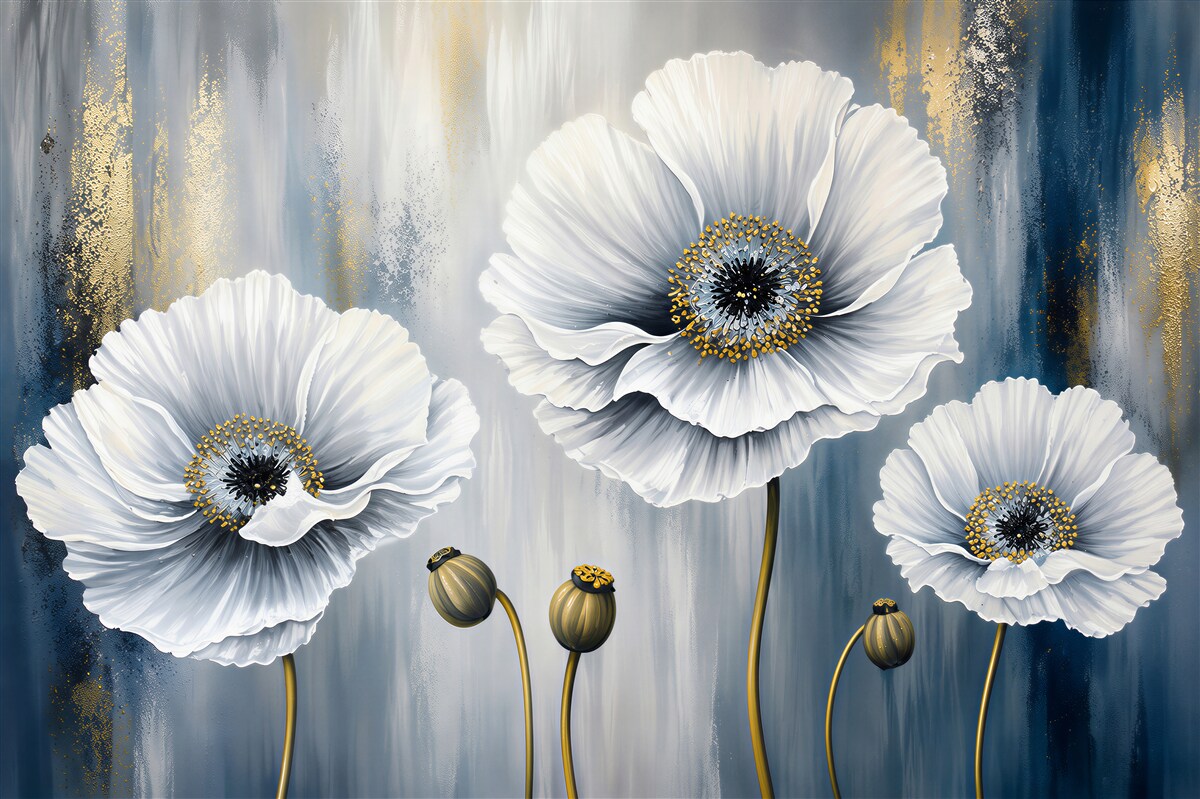 Papier peint têtes de coquelicots blancs en fleurs