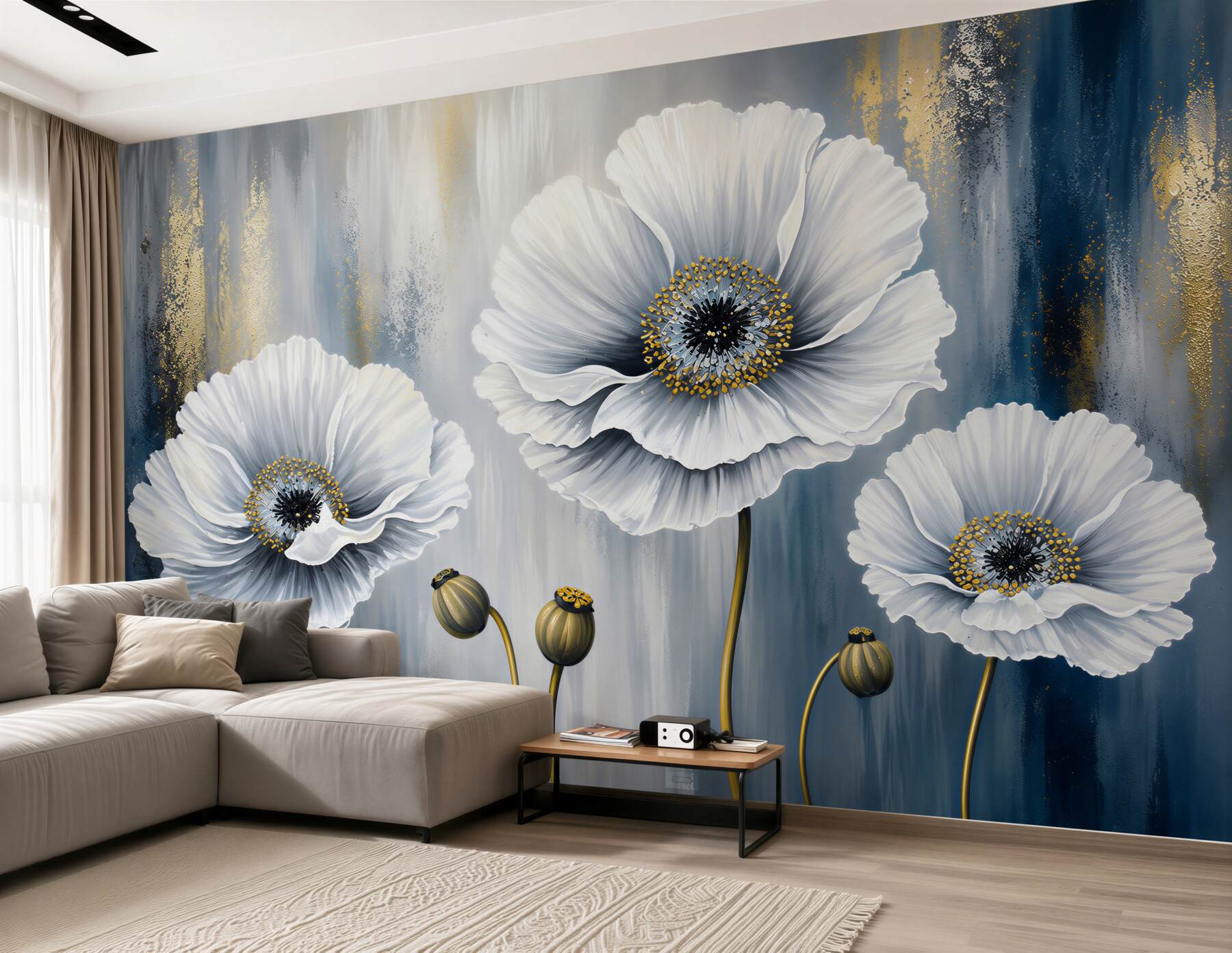 Papier peint têtes de coquelicots blancs en fleurs