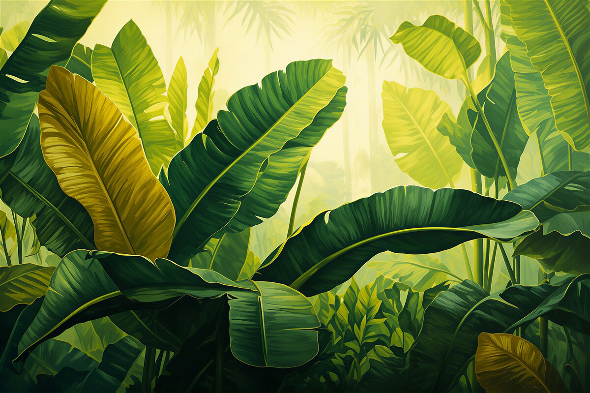 Papier peint grandes feuilles vertes luxuriantes de la jungle