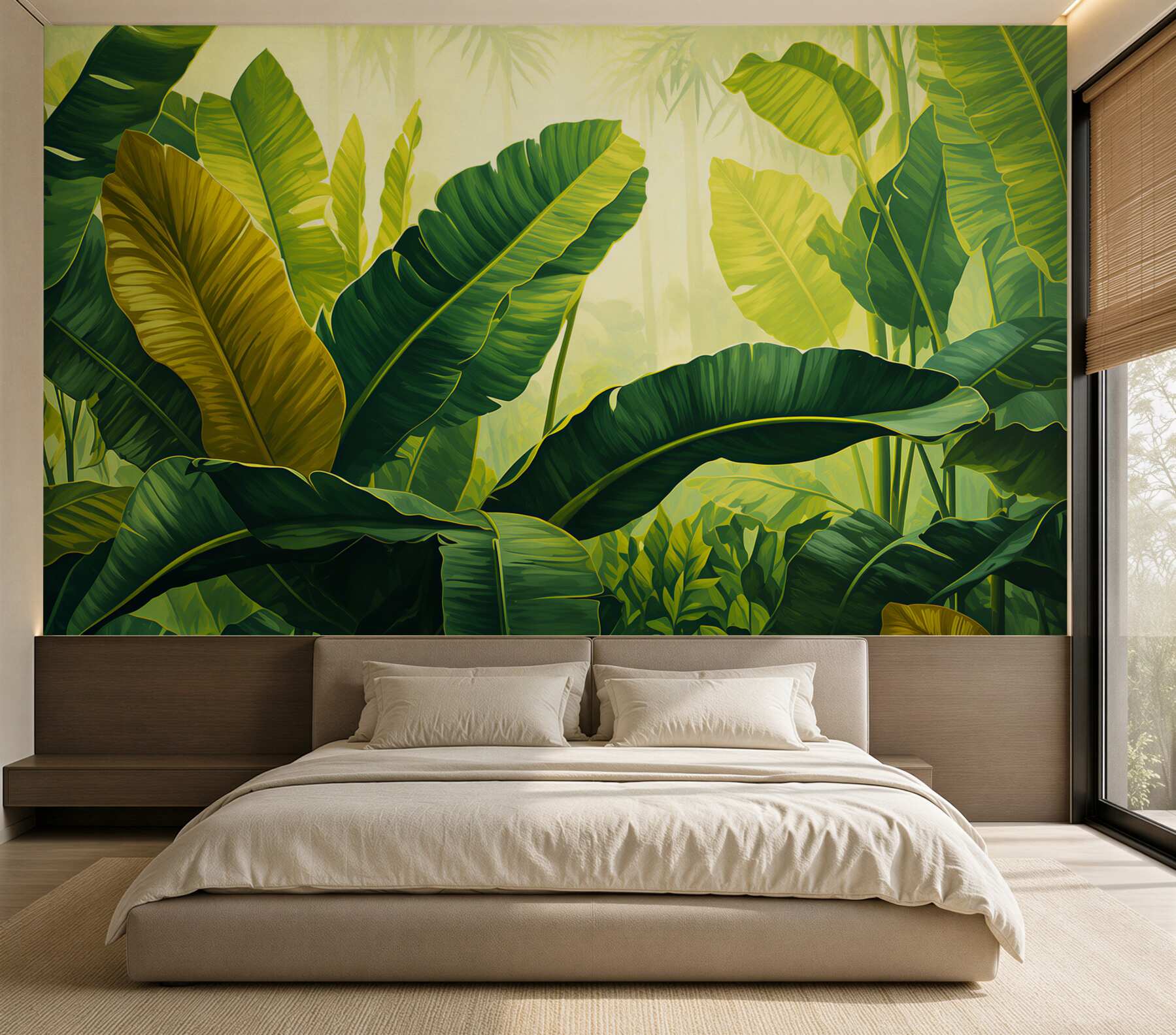 Papier peint grandes feuilles vertes luxuriantes de la jungle