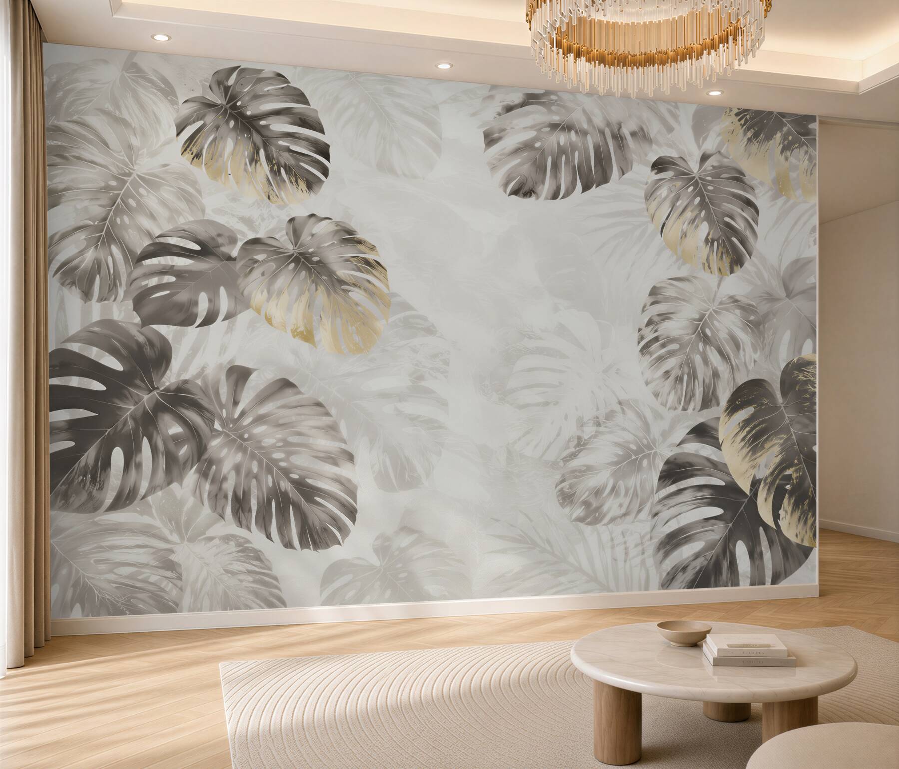Papier peint grandes feuilles de monstera dans le brouillard