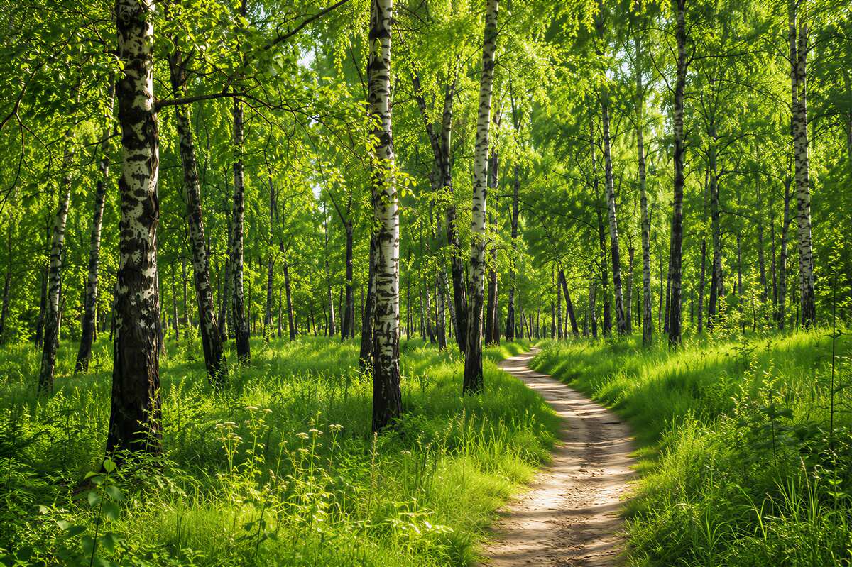 Papier peint chemin à travers un bosquet de bouleaux